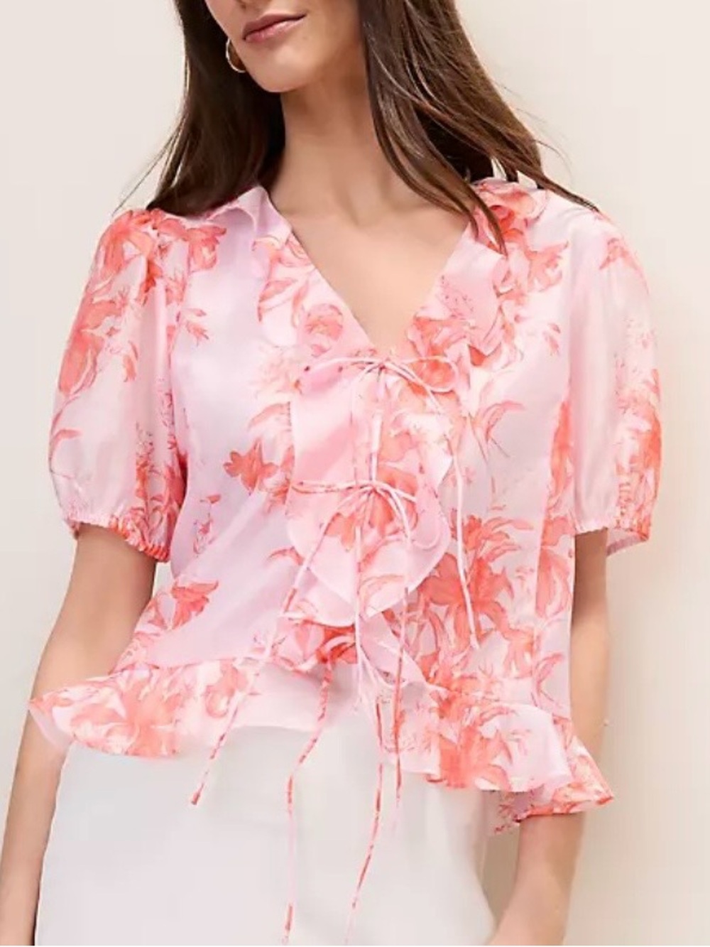 Ann Taylor Pink Floral Ruffle Tie-Front Blouse